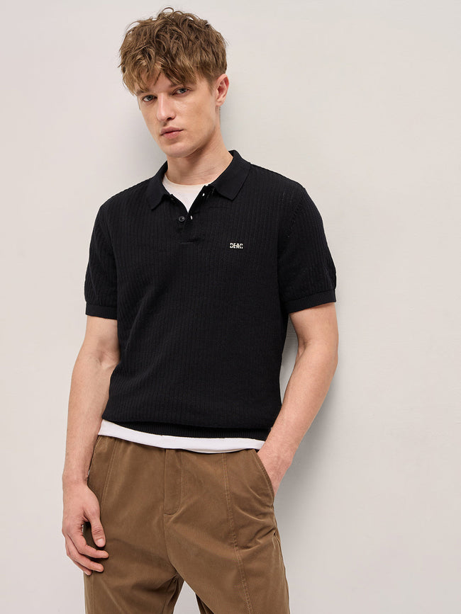 Men Black Ribbed Texture Design Slim Fit Polo