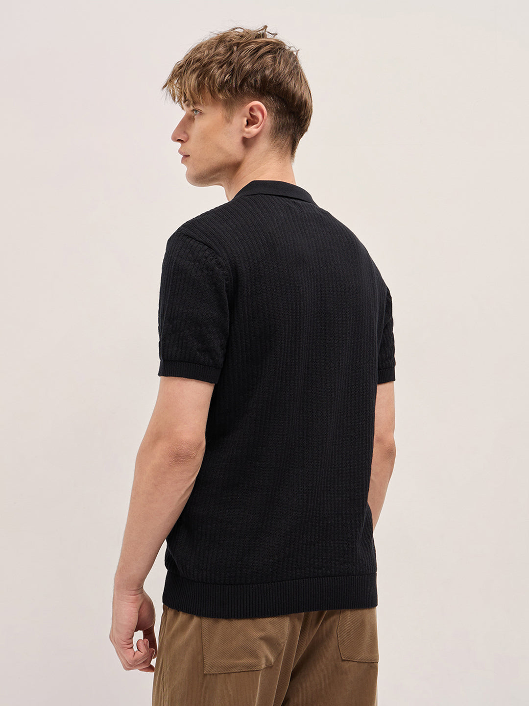 Men Black Ribbed Texture Design Slim Fit Polo
