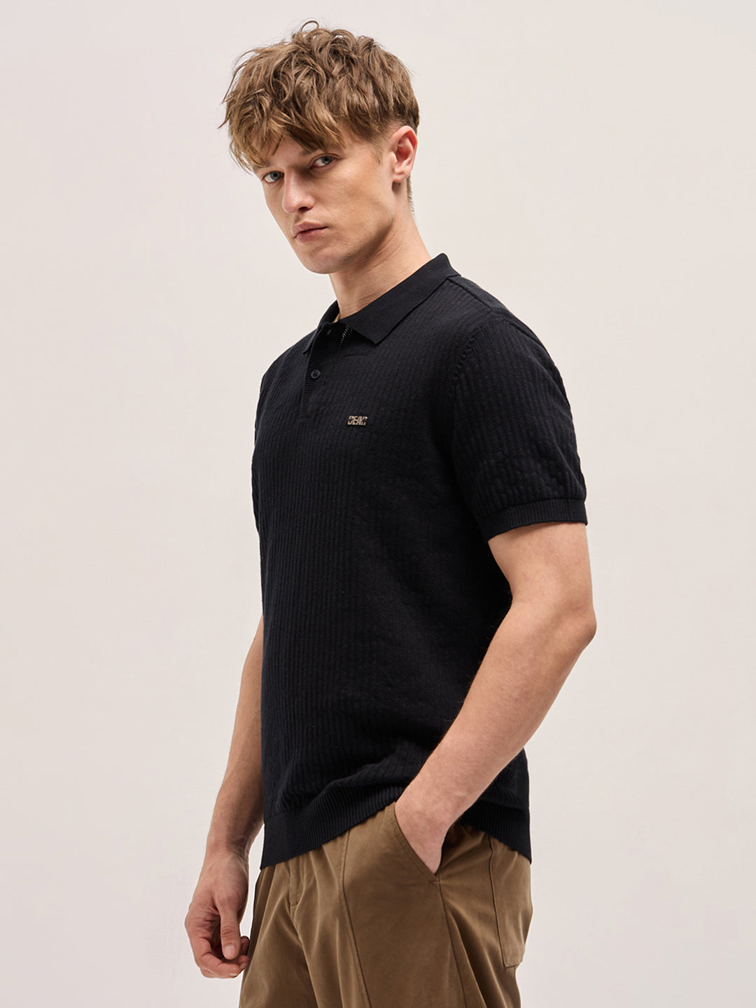 Men Black Ribbed Texture Design Slim Fit Polo
