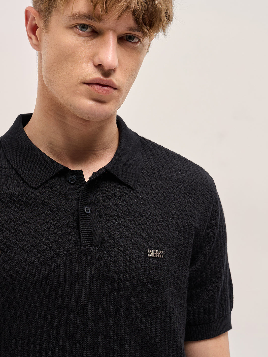 Men Black Ribbed Texture Design Slim Fit Polo