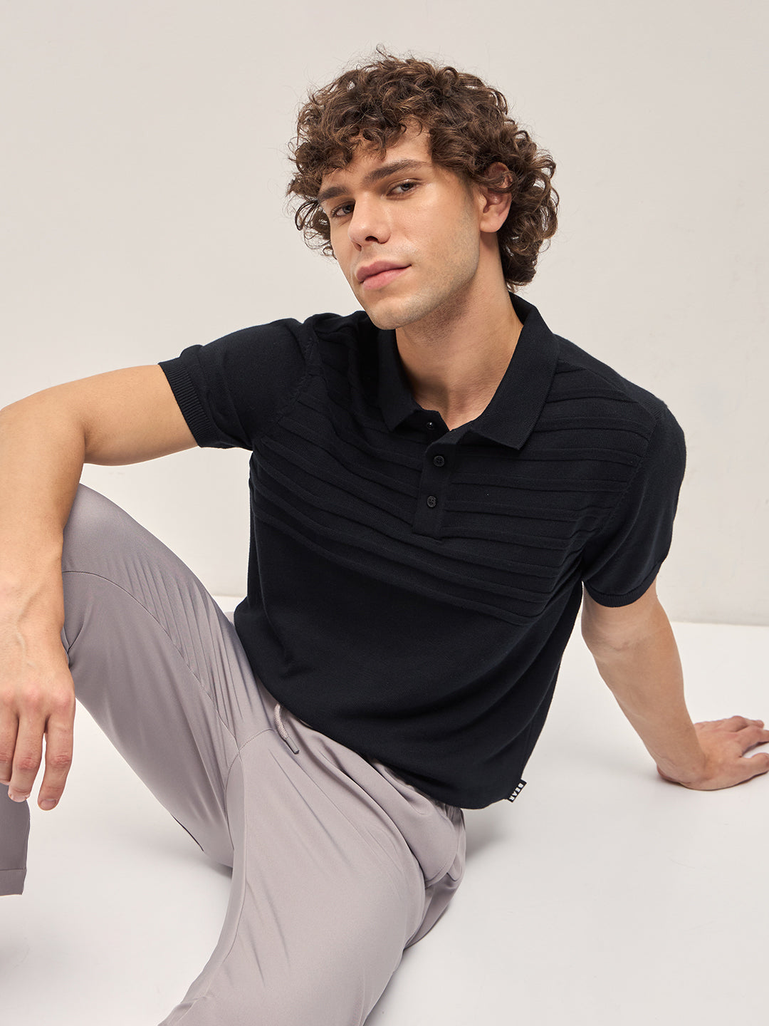 Men Black Ribbed horizontal textured Regular Fit Polo T-shirt