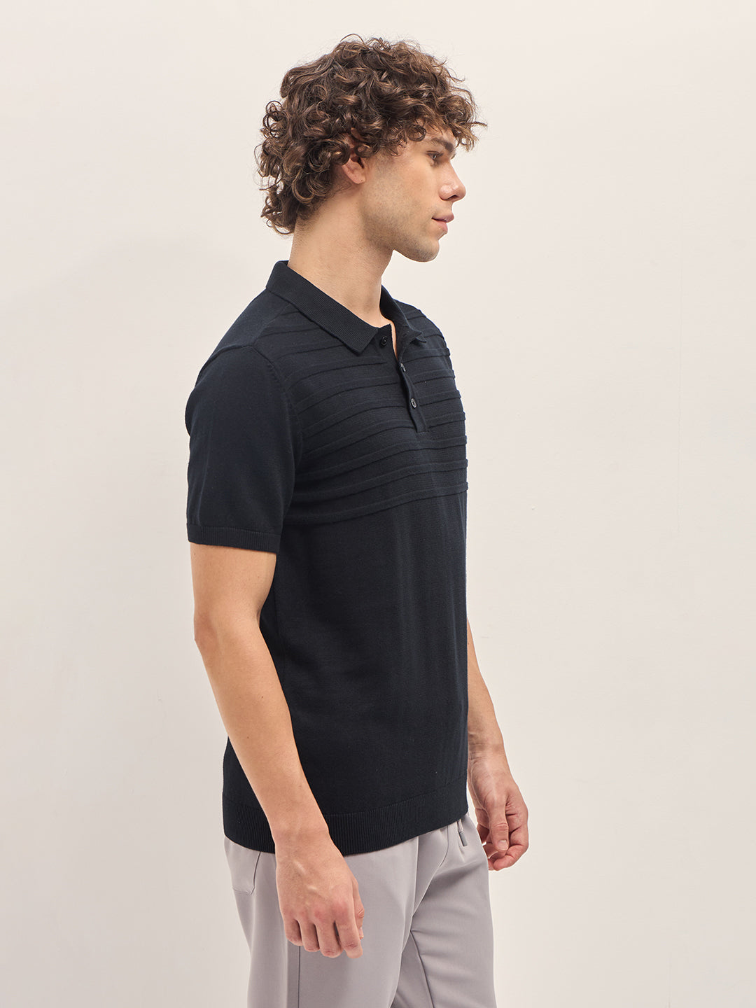 Men Black Ribbed horizontal textured Regular Fit Polo T-shirt