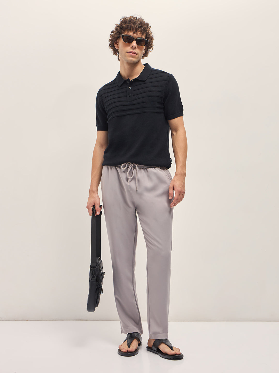 Men Black Ribbed horizontal textured Regular Fit Polo T-shirt
