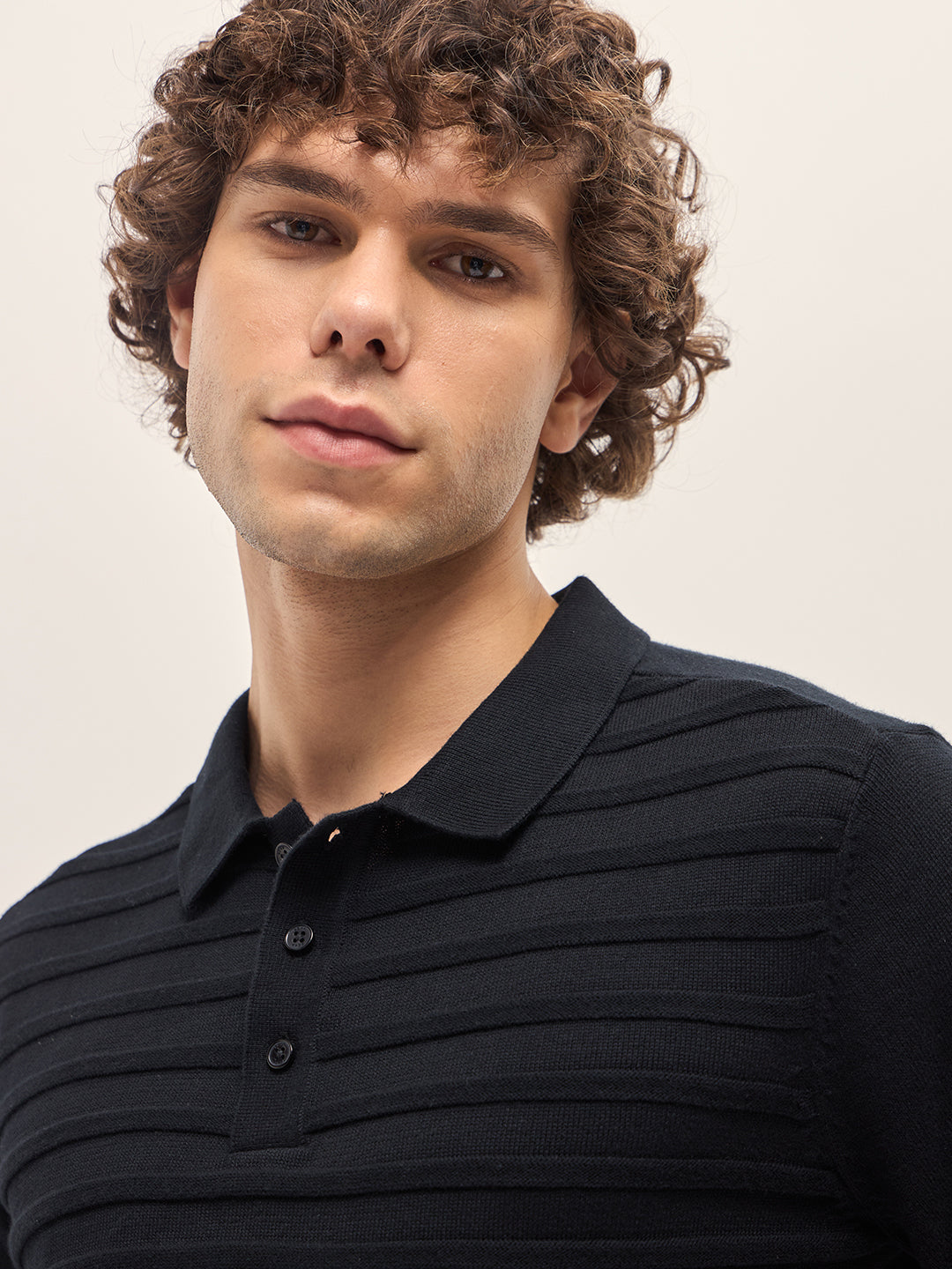 Men Black Ribbed horizontal textured Regular Fit Polo T-shirt