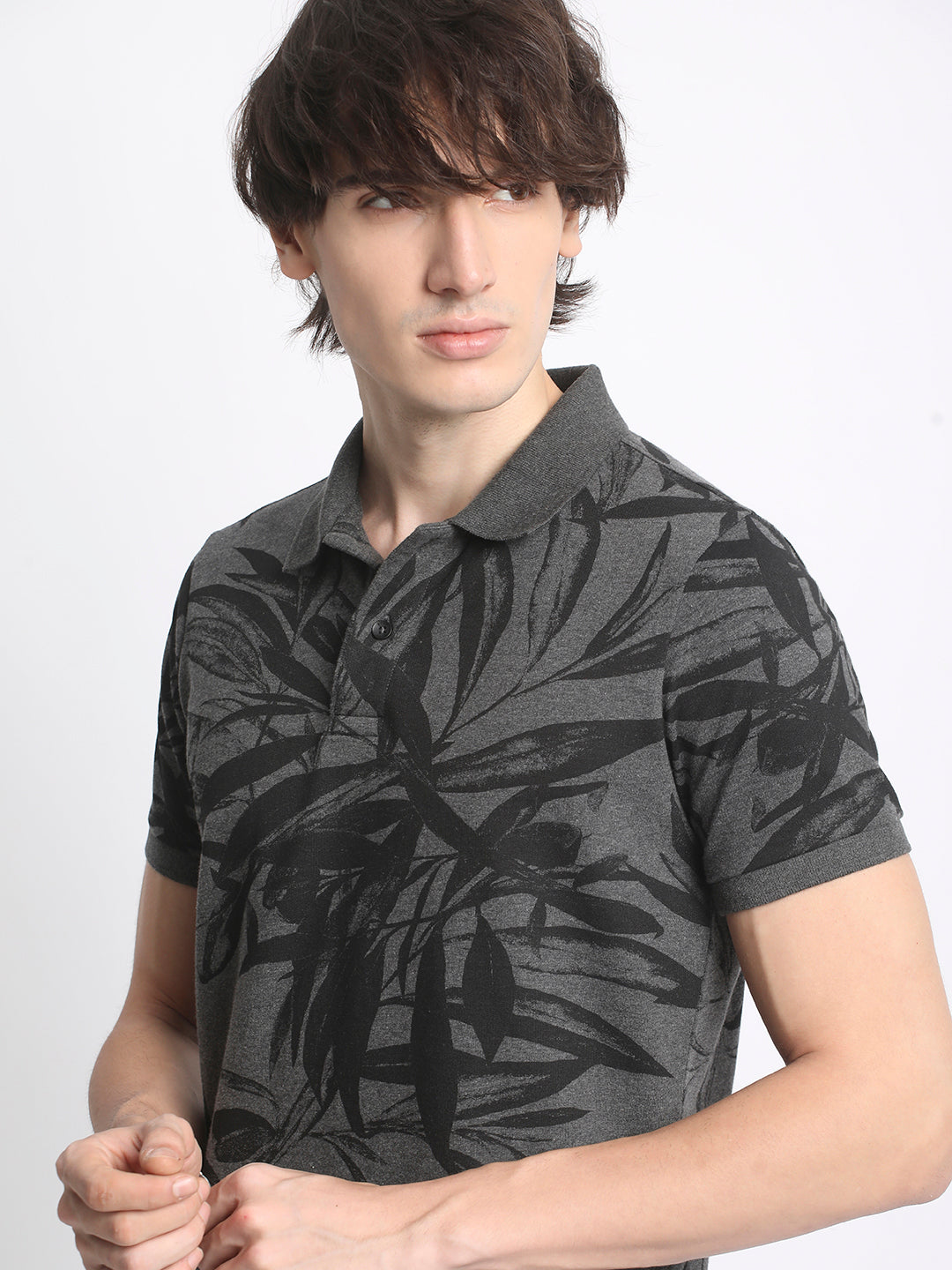 Men  Grey Printed Regular Fit Polo T-Shirt