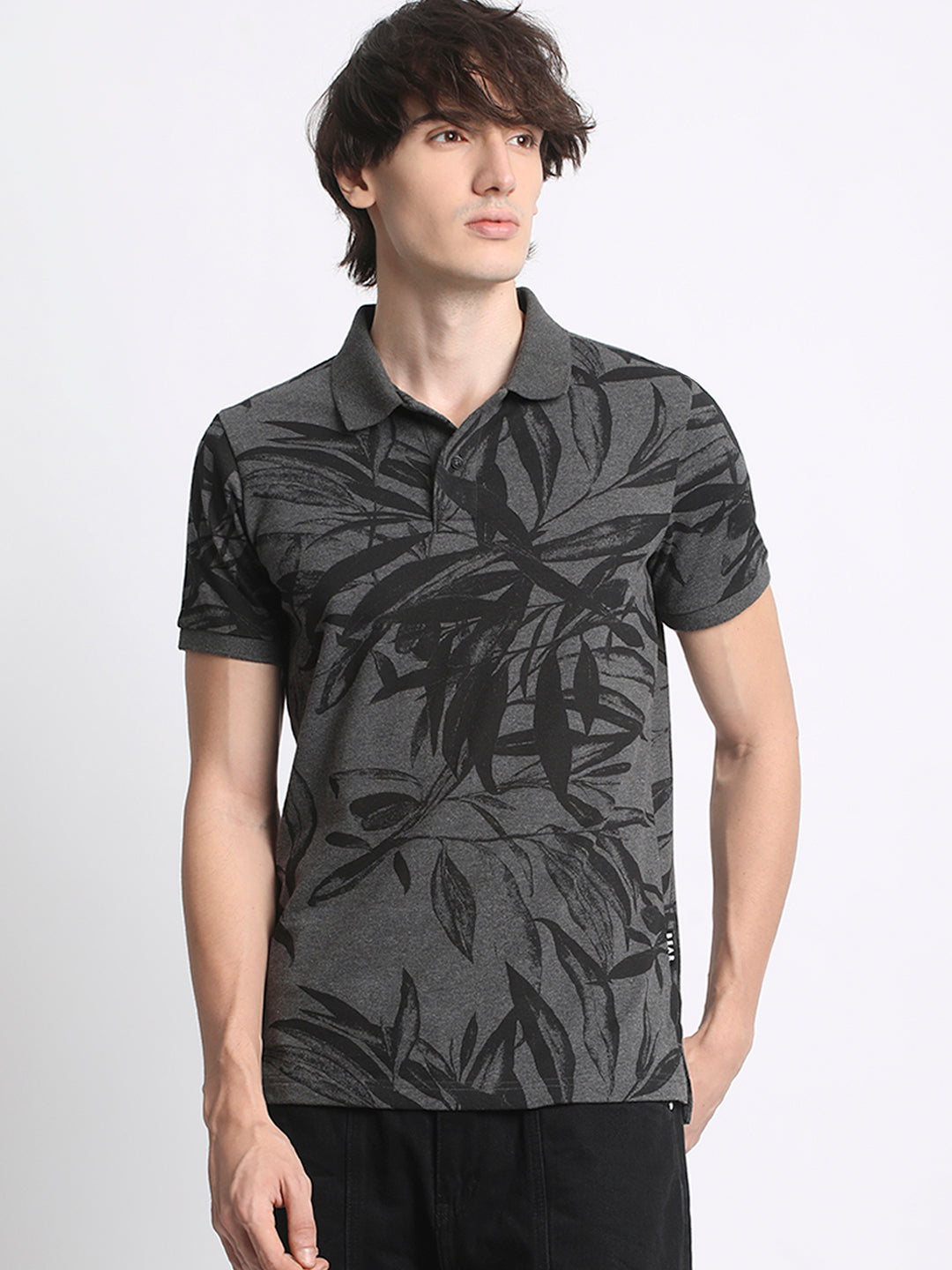 Men  Grey Printed Regular Fit Polo T-Shirt