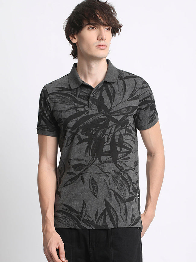 Men  Grey Printed Regular Fit Polo T-Shirt
