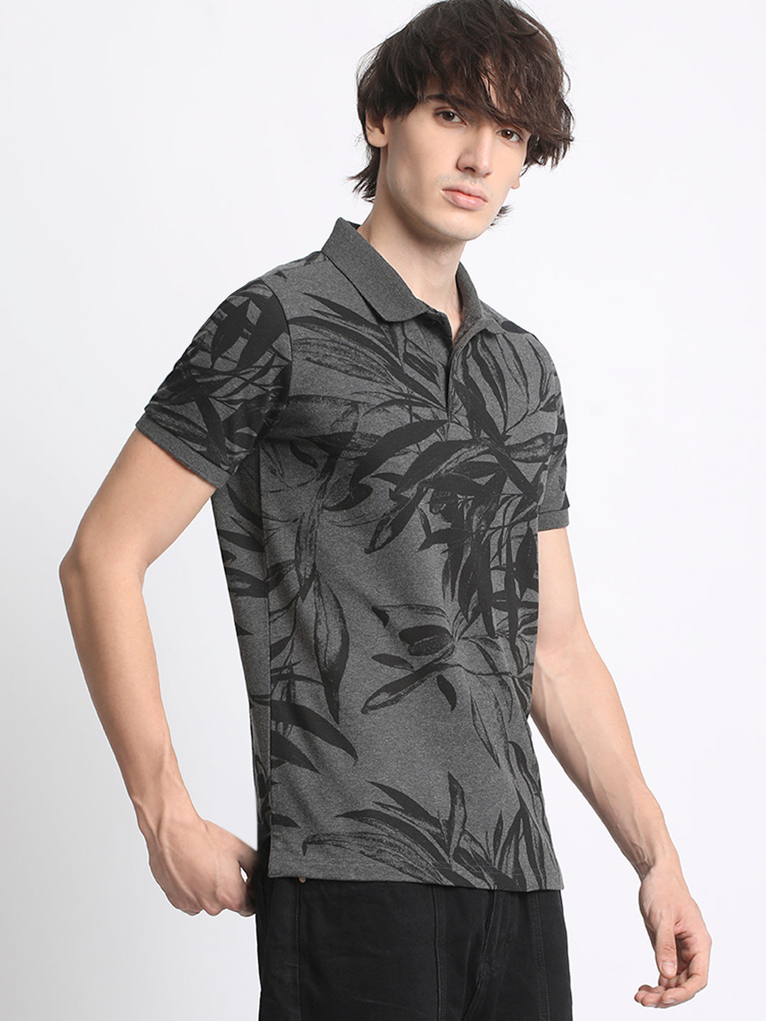 Men  Grey Printed Regular Fit Polo T-Shirt