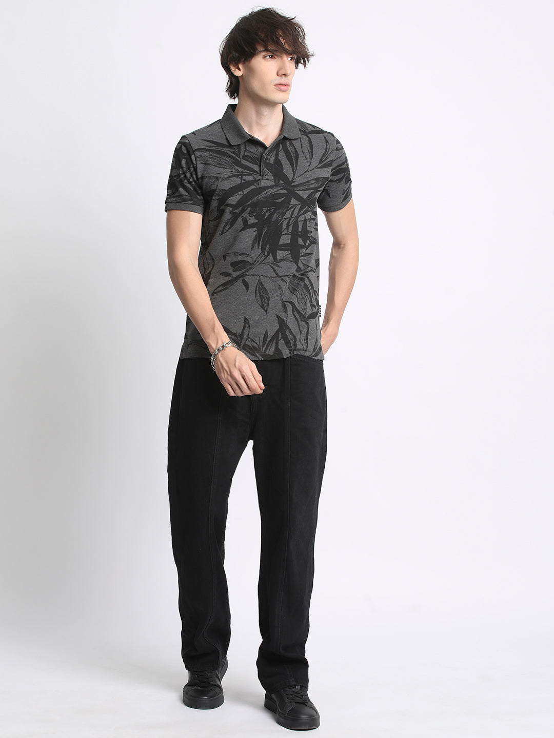 Men  Grey Printed Regular Fit Polo T-Shirt