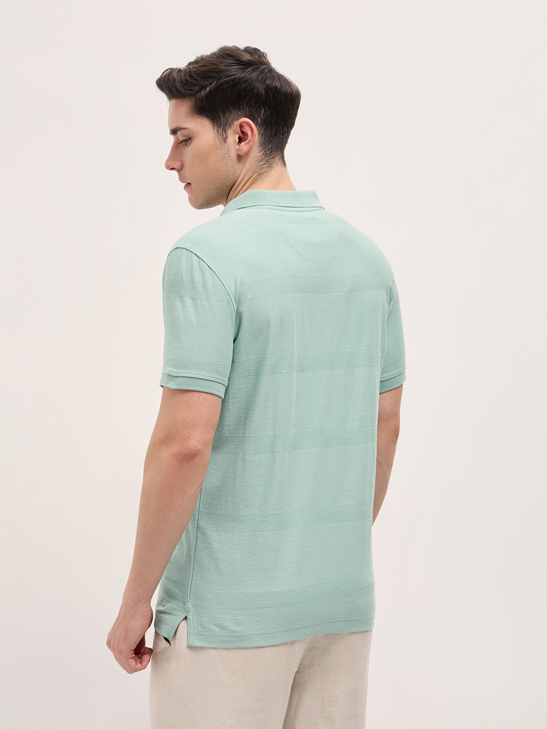 Men Mint Green Horizontal stripes Textured Knit Regular Fit Polo