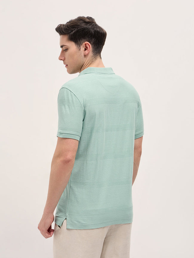 Men Mint Green Horizontal stripes Textured Knit Regular Fit Polo