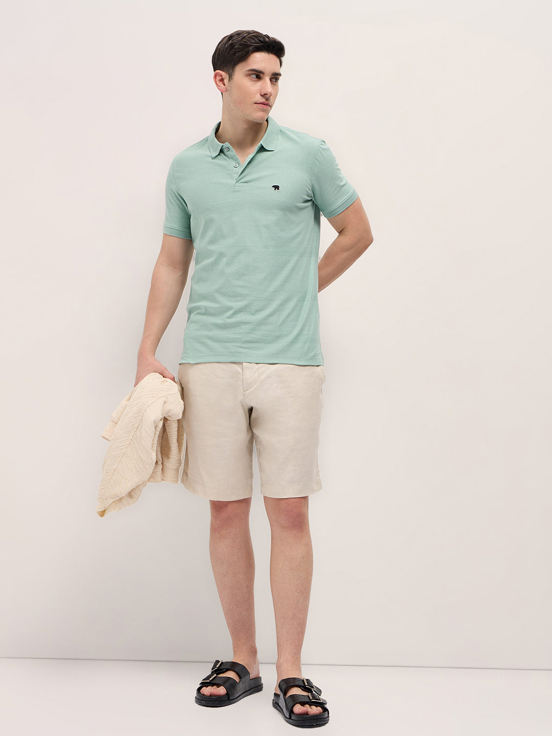 Men Mint Green Horizontal stripes Textured Knit Regular Fit Polo
