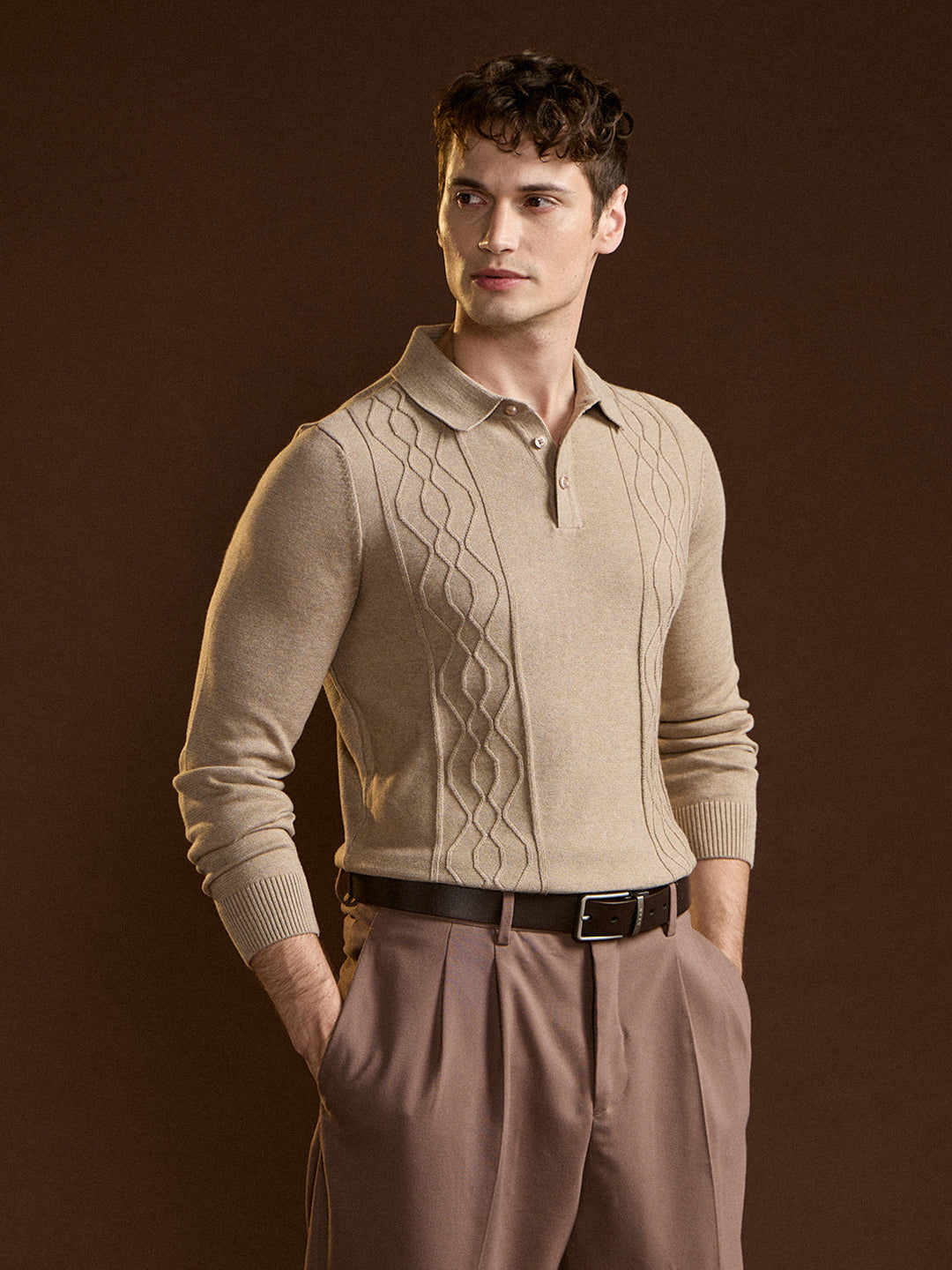 Men Brown Textured Geometrical Design Regular Fit Polo