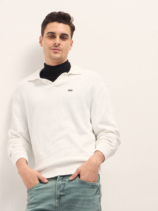 Men White Cotton Solid Polo T-Shirt