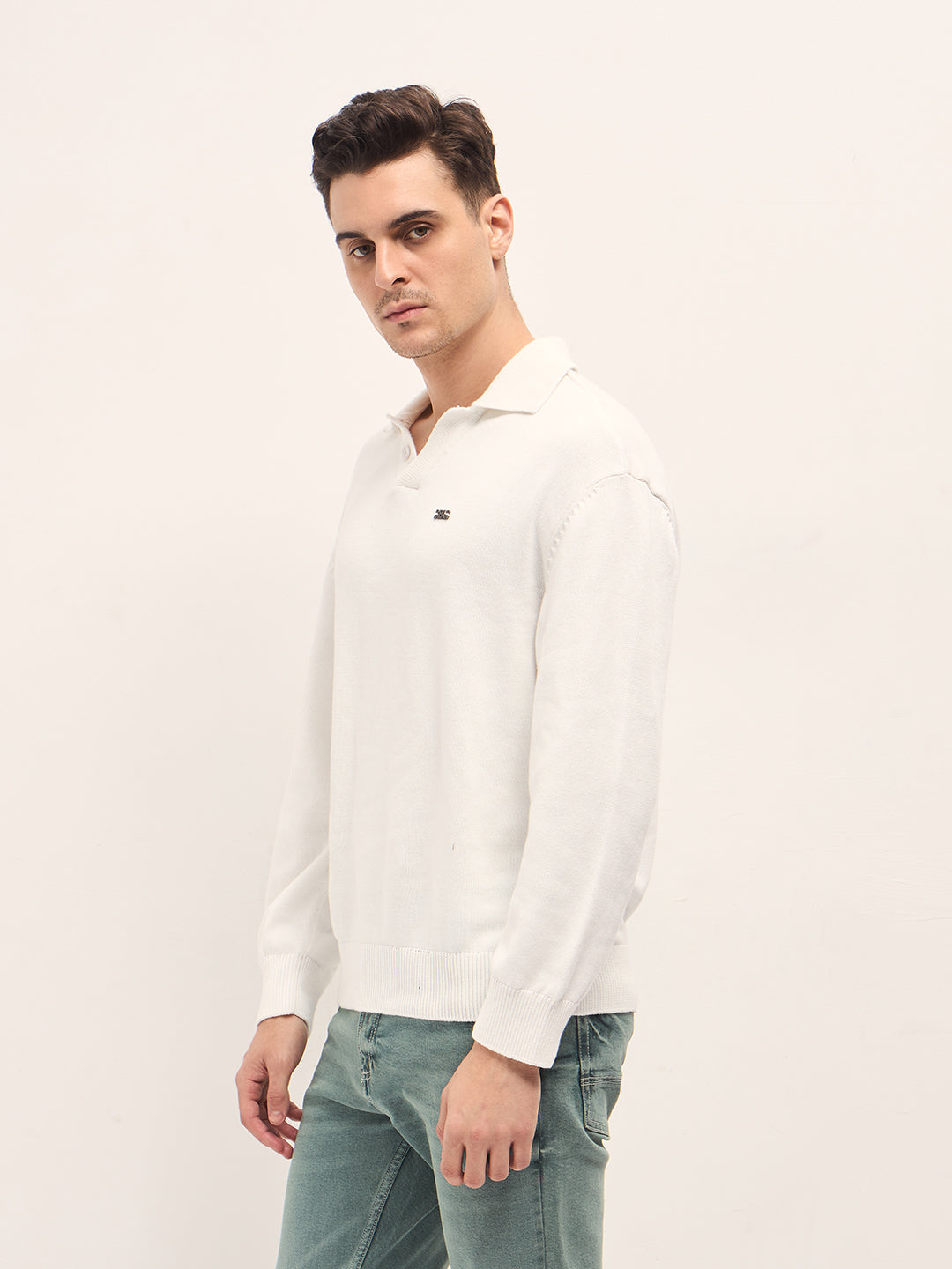 Men White Cotton Solid Polo T-Shirt