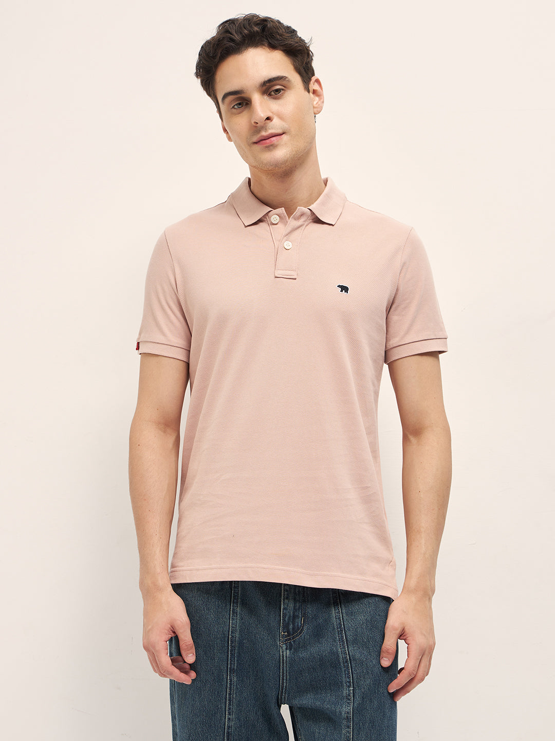 Men Peach Solid Regular Fit Polo