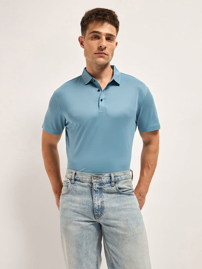 Men Sky Blue Self Design Slim Fit Polo T-shirt