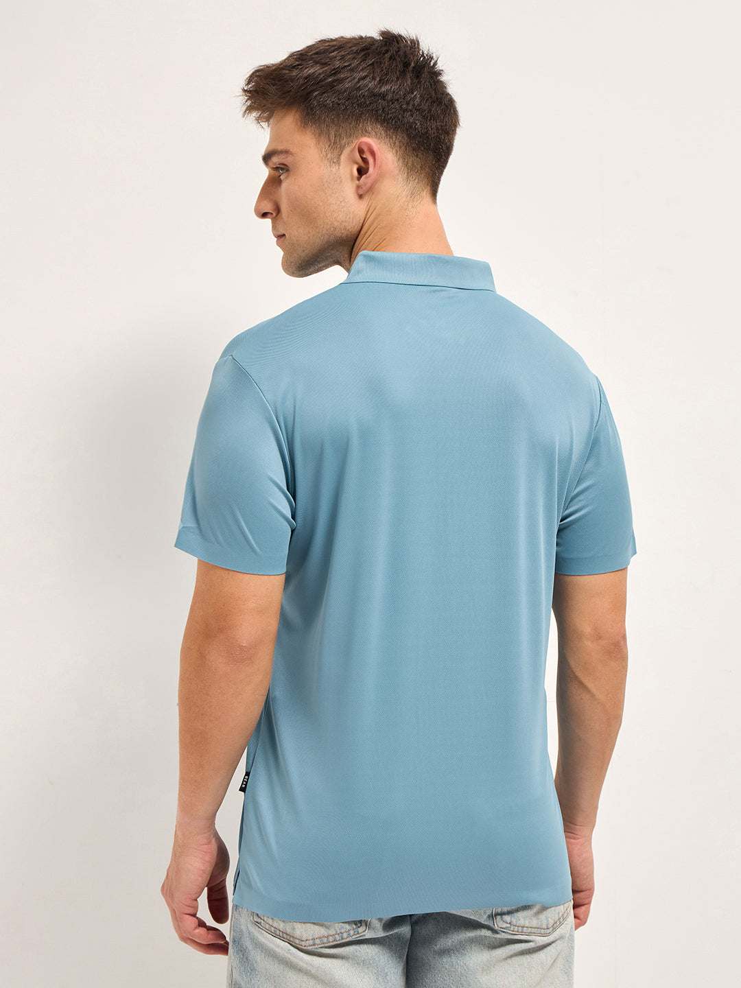 Men Sky Blue Self Design Slim Fit Polo T-shirt