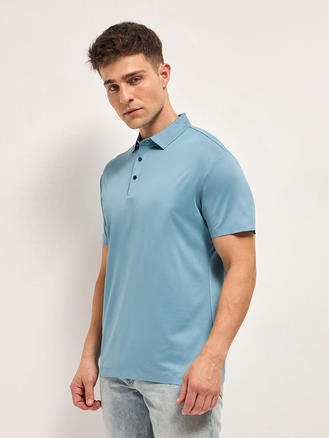 Men Sky Blue Self Design Slim Fit Polo T-shirt