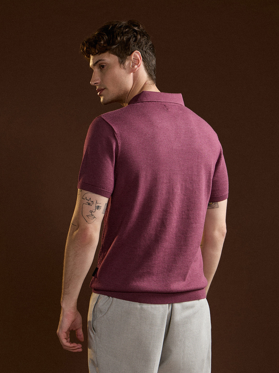 Men Pink Ribbed Texture Design Slim Fit Polo