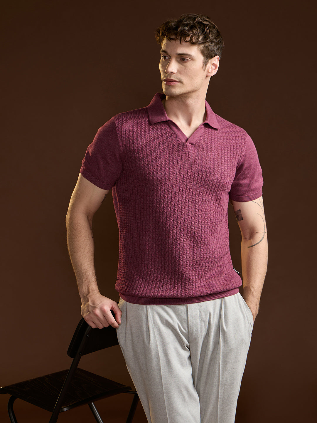 Men Pink Ribbed Texture Design Slim Fit Polo
