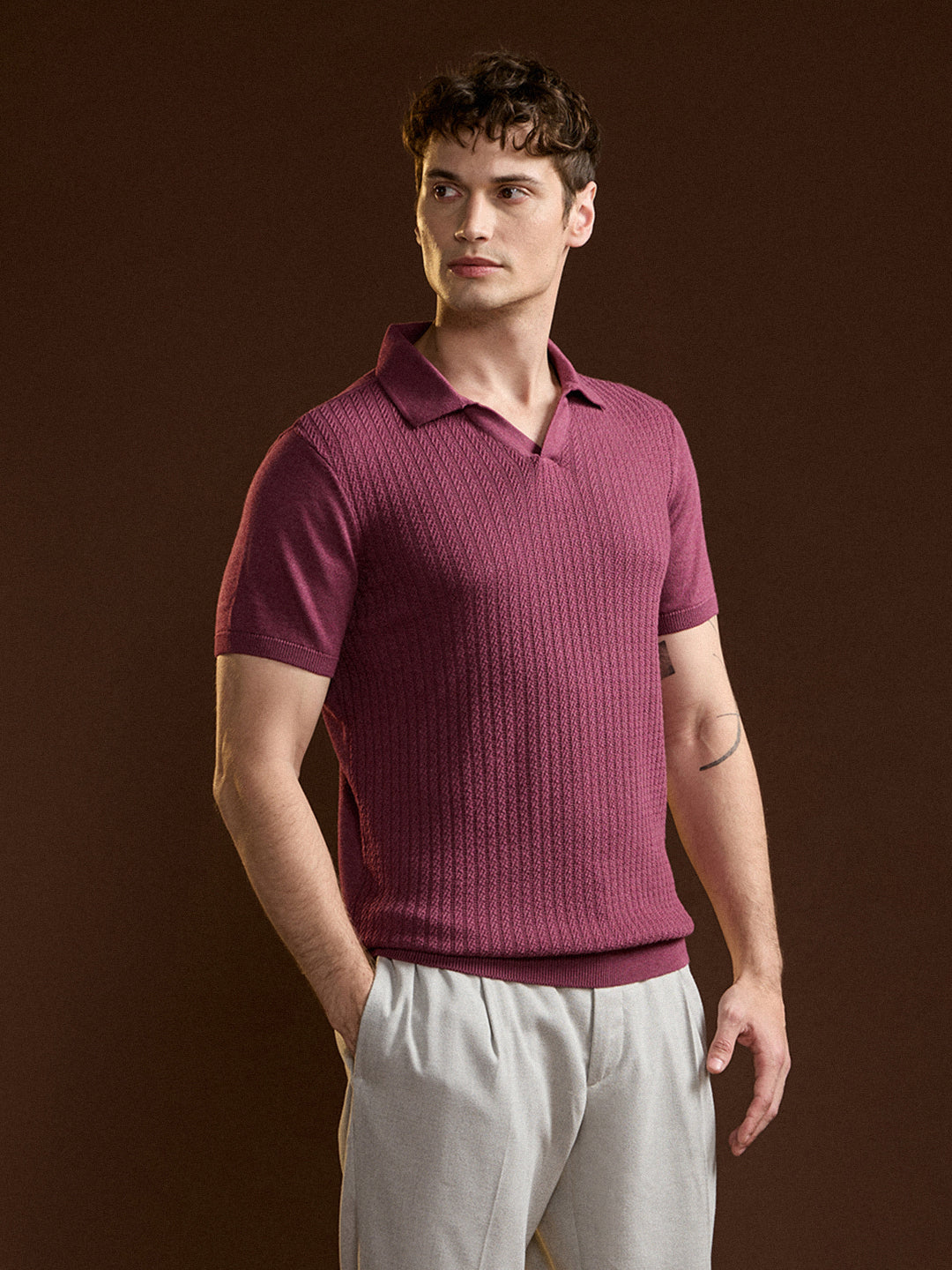 Men Pink Ribbed Texture Design Slim Fit Polo