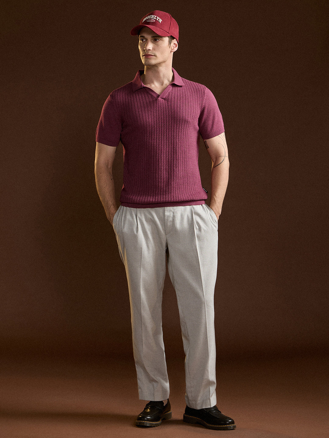 Men Pink Ribbed Texture Design Slim Fit Polo