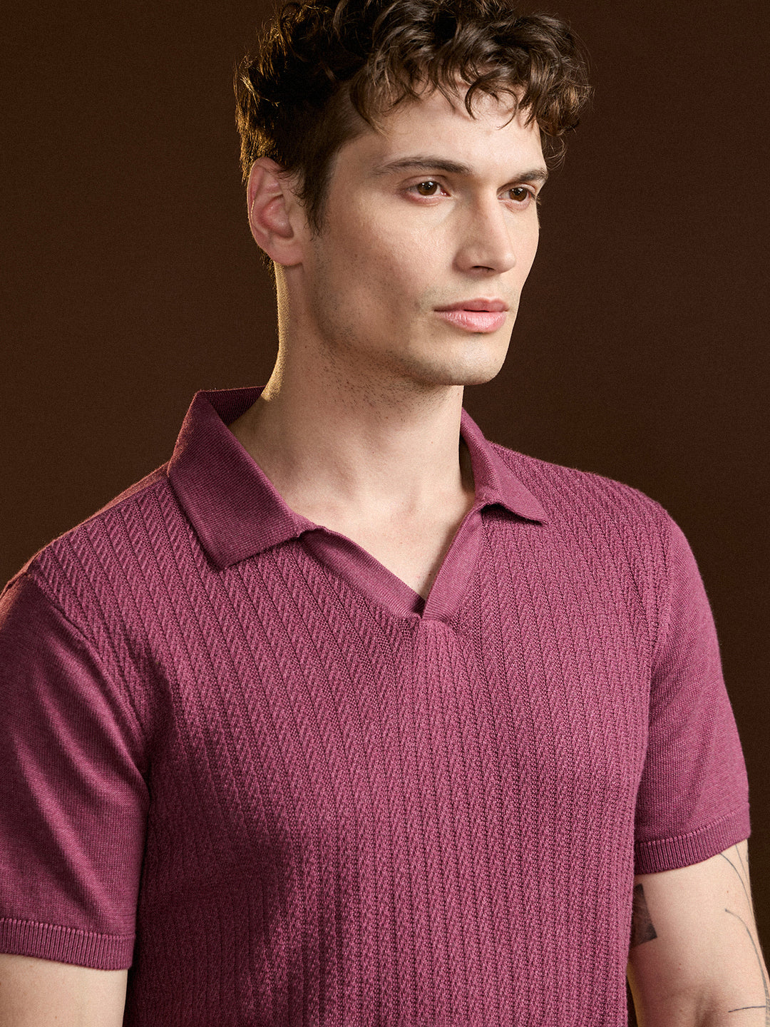 Men Pink Ribbed Texture Design Slim Fit Polo