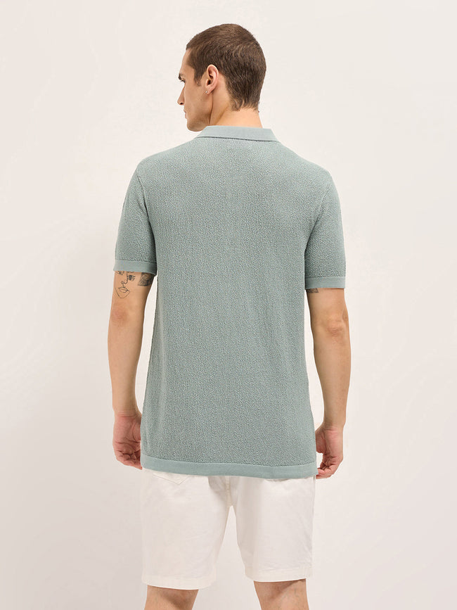 Men Green Solid Texture Knit Design Regular Fit Polo