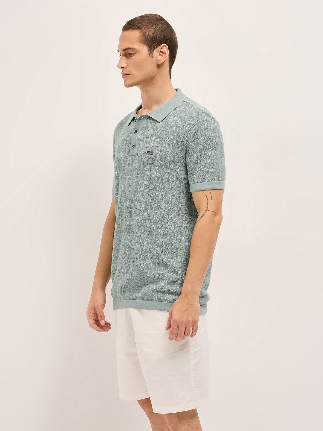 Men Green Solid Texture Knit Design Regular Fit Polo