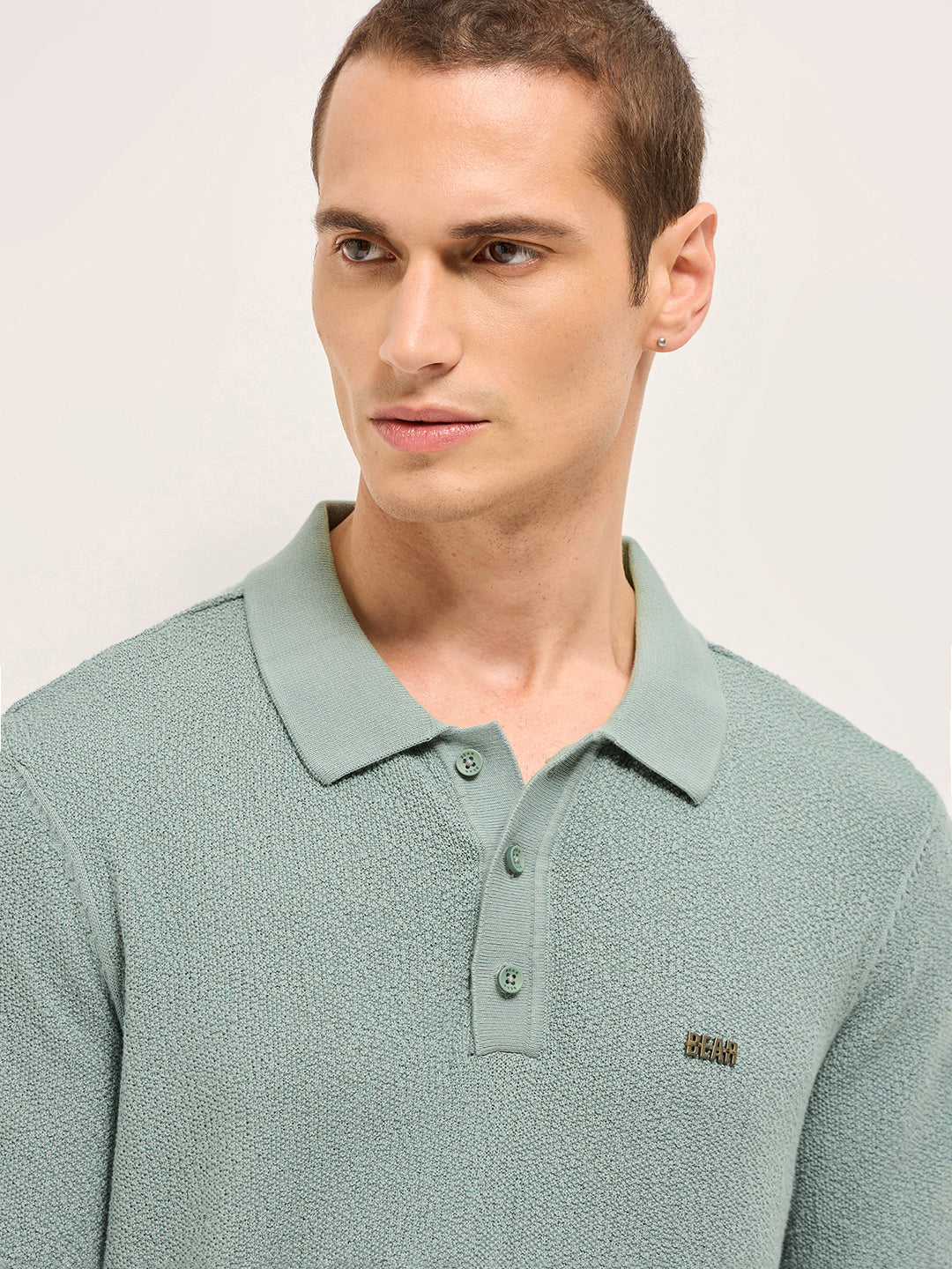 Men Green Solid Texture Knit Design Regular Fit Polo