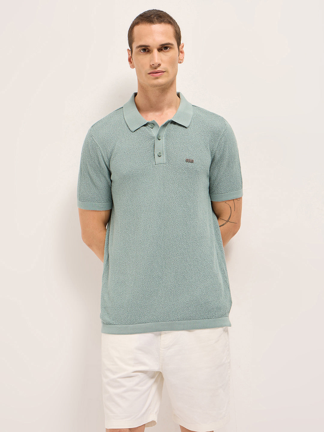 Men Green Solid Texture Knit Design Regular Fit Polo