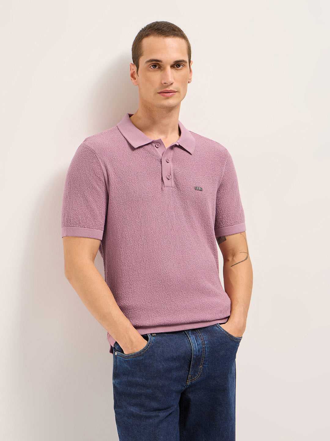 Men Pink Solid Texture Knit Design Regular Fit Polo