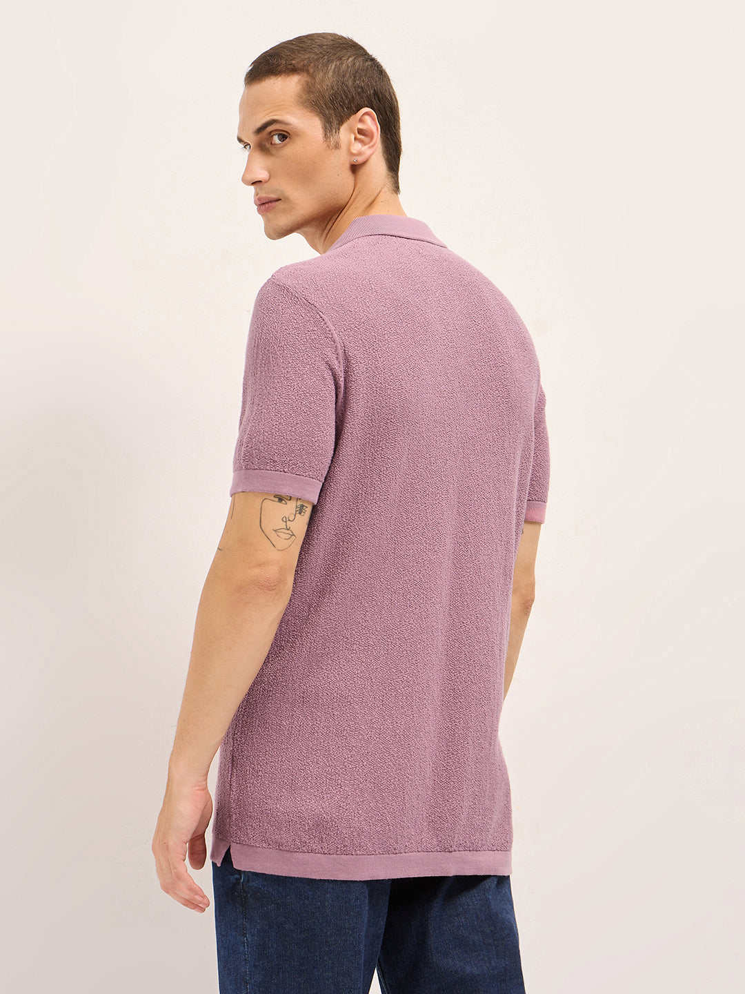 Men Pink Solid Texture Knit Design Regular Fit Polo