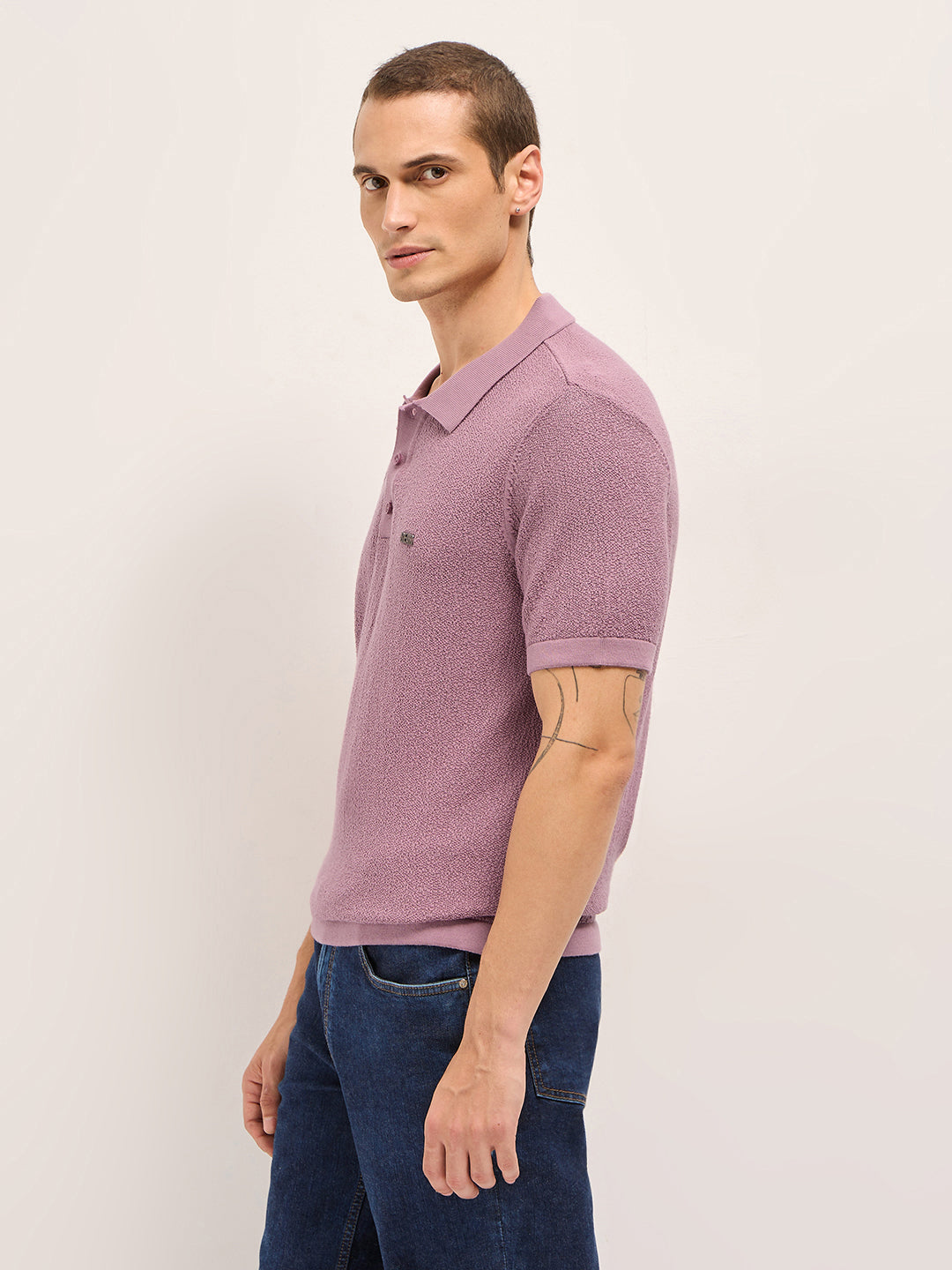 Men Pink Solid Texture Knit Design Regular Fit Polo