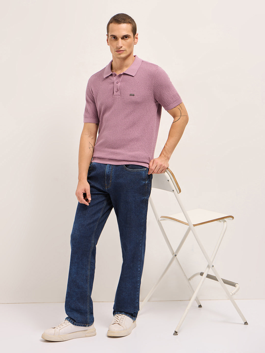 Men Pink Solid Texture Knit Design Regular Fit Polo