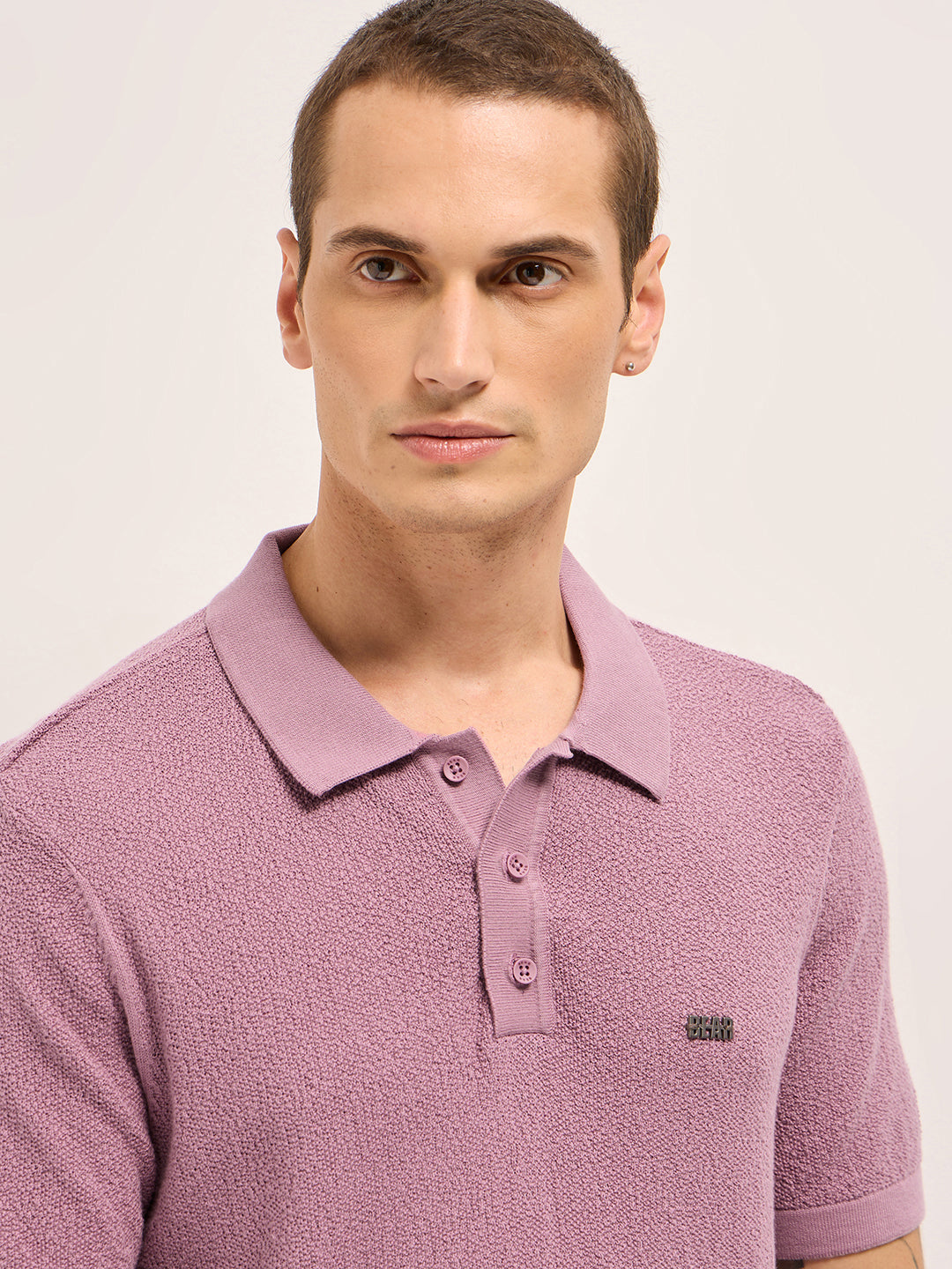 Men Pink Solid Texture Knit Design Regular Fit Polo