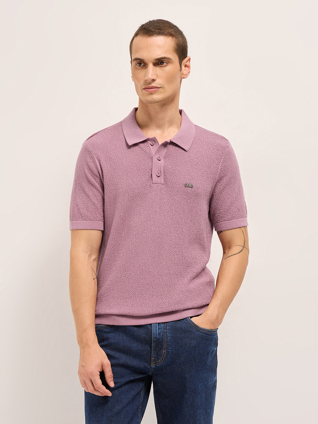 Men Pink Solid Texture Knit Design Regular Fit Polo
