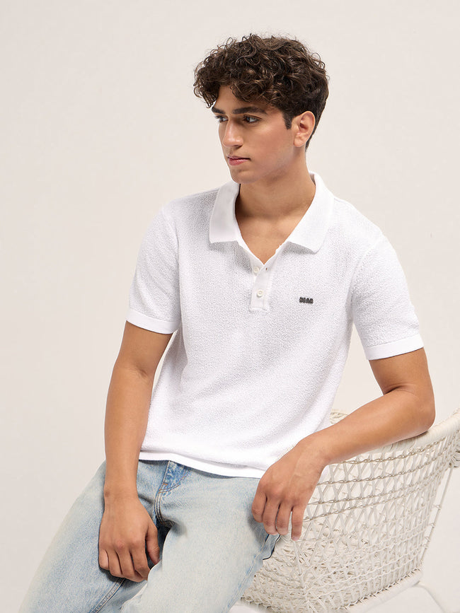 Men White Solid Texture Knit Design Regular Fit Polo
