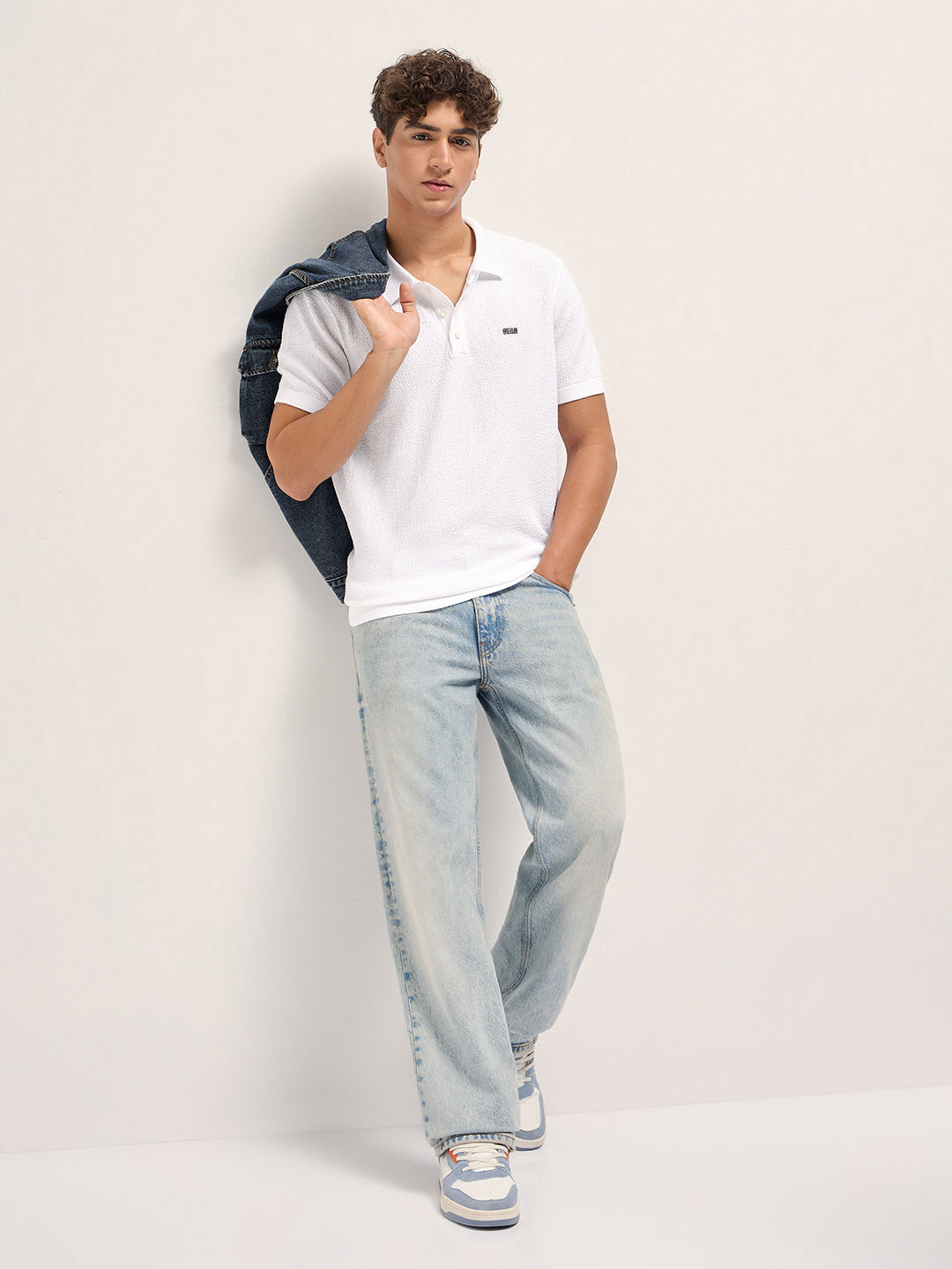 Men White Solid Texture Knit Design Regular Fit Polo