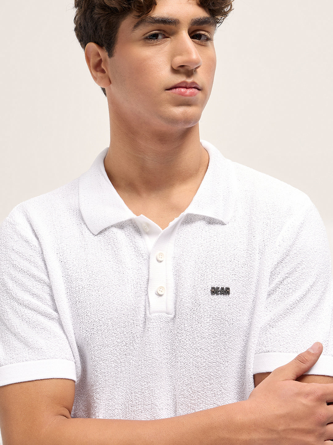 Men White Solid Texture Knit Design Regular Fit Polo