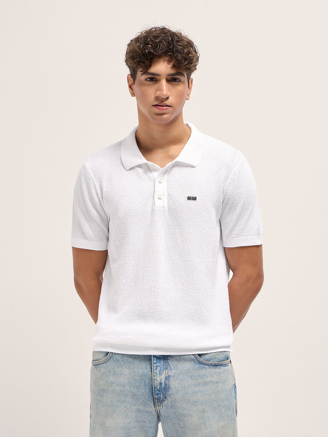 Men White Solid Texture Knit Design Regular Fit Polo