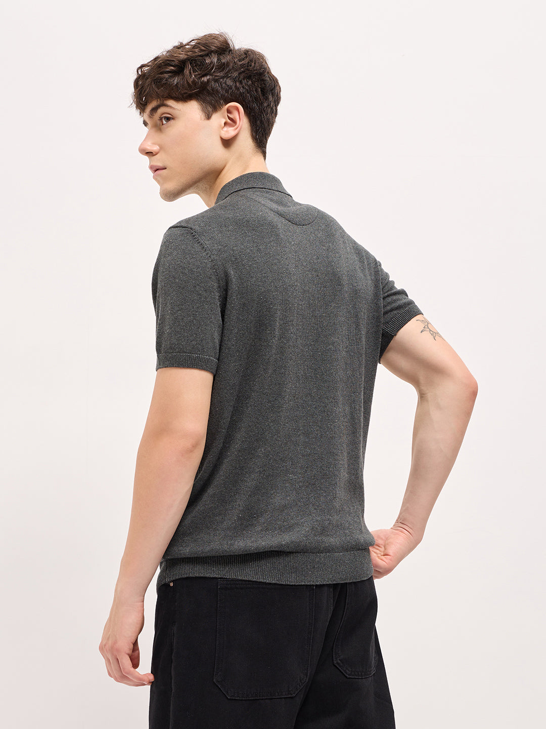 Men Charcoal Grey Textured Knit Regular Fit Polo T-shirt