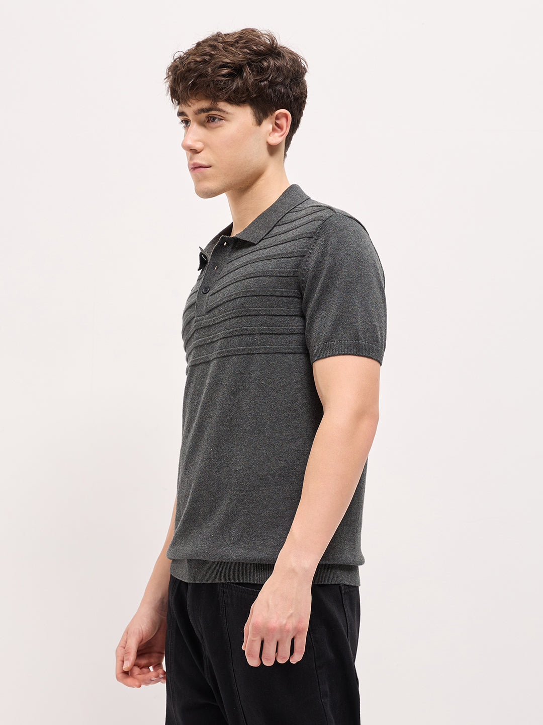Men Charcoal Grey Textured Knit Regular Fit Polo T-shirt