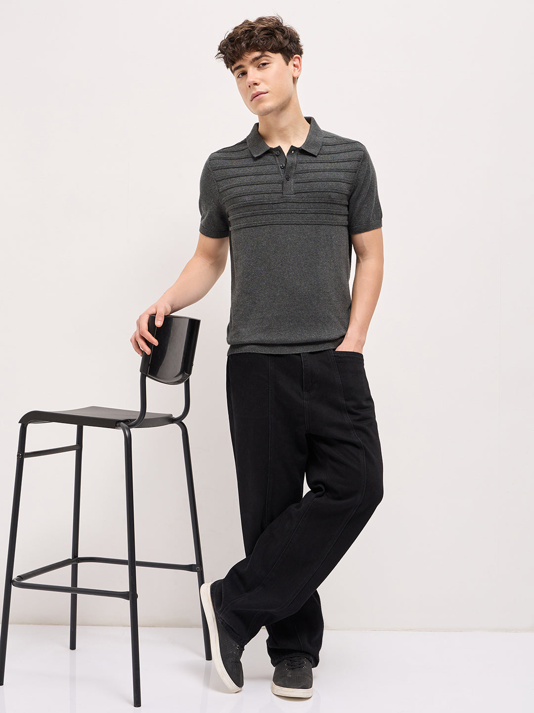 Men Charcoal Grey Textured Knit Regular Fit Polo T-shirt