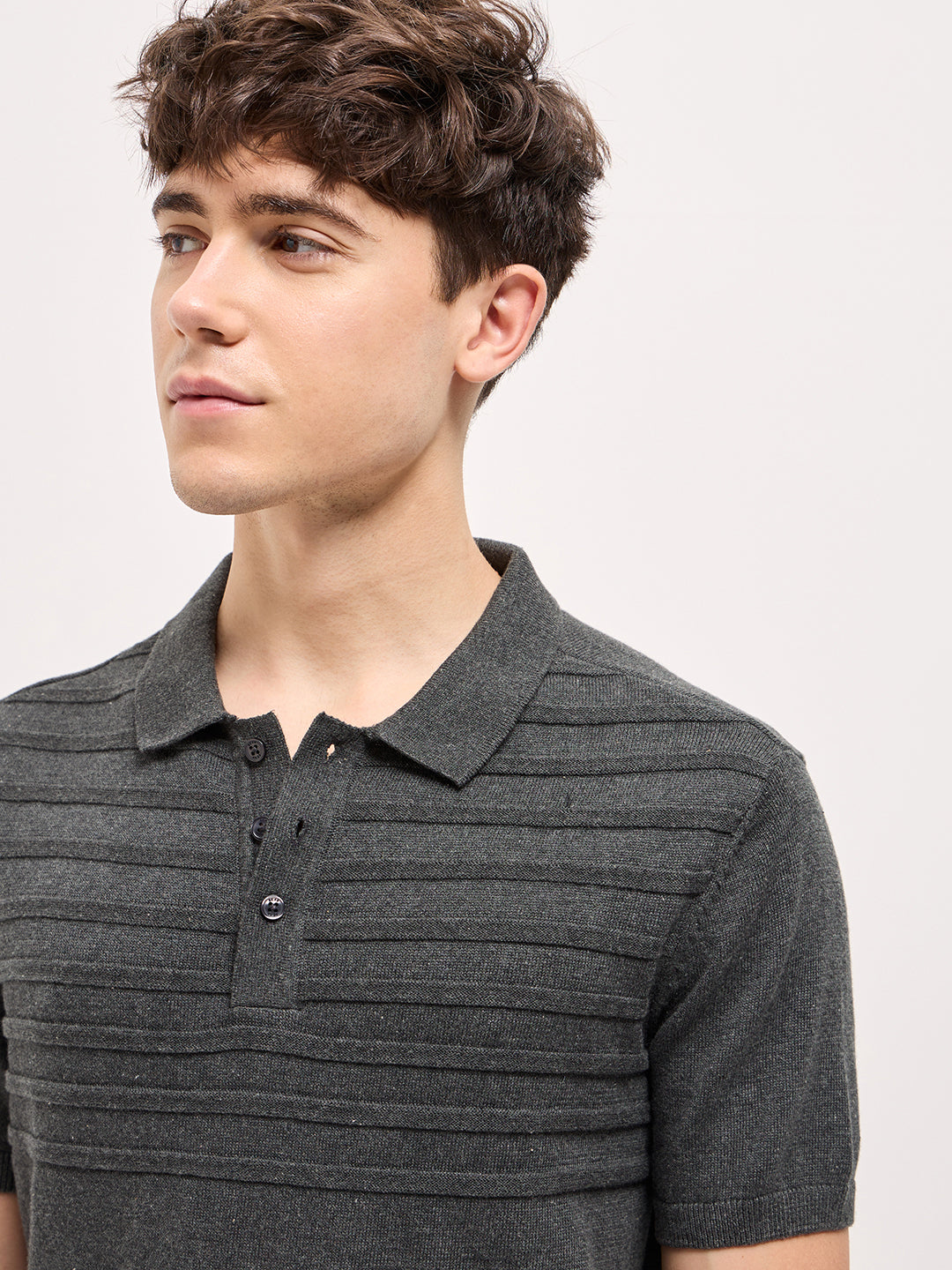 Men Charcoal Grey Textured Knit Regular Fit Polo T-shirt