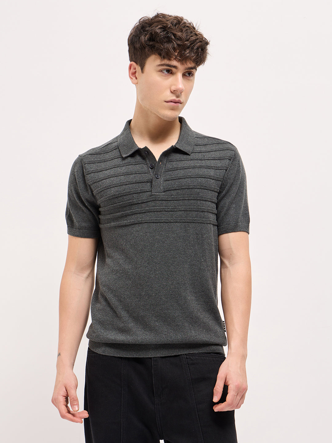 Men Charcoal Grey Textured Knit Regular Fit Polo T-shirt