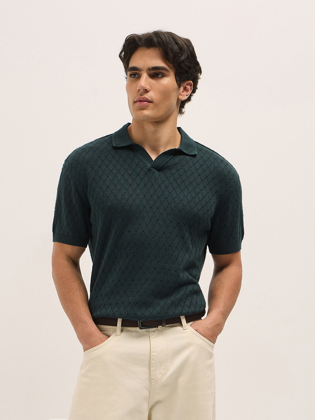 Men Dark Green Diamond knit texture Relaxed Fit Polo