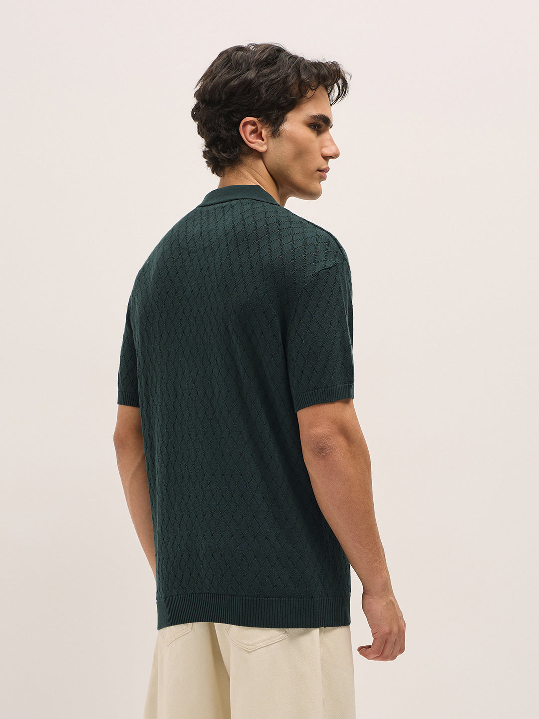 Men Dark Green Diamond knit texture Relaxed Fit Polo