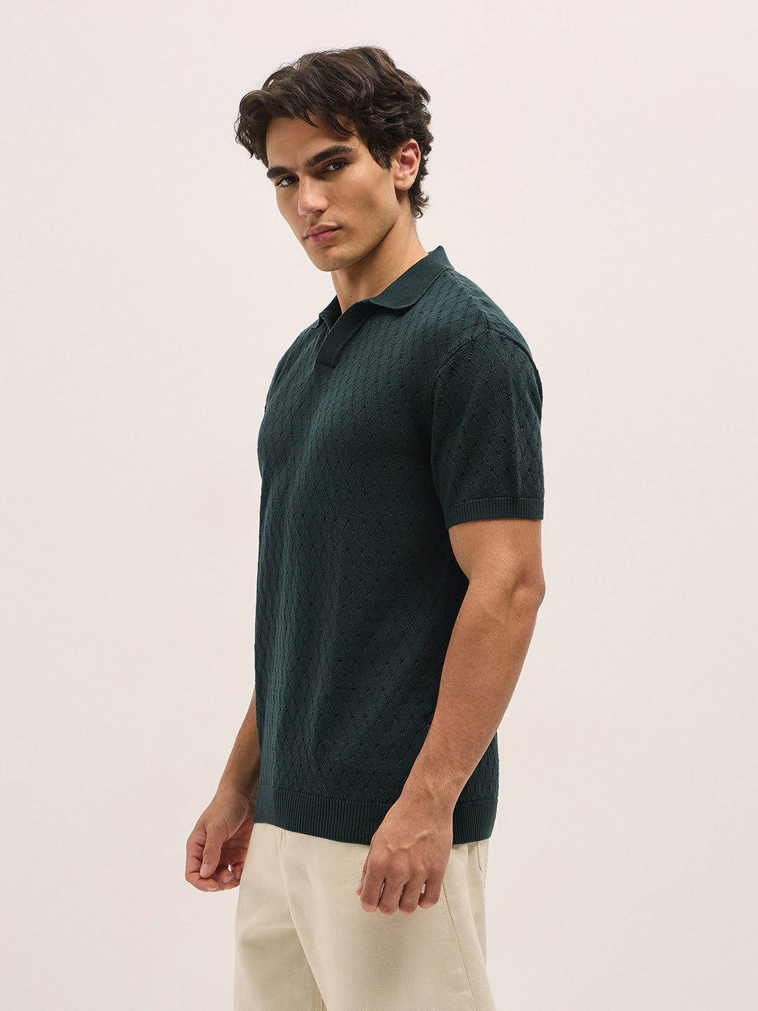 Men Dark Green Diamond knit texture Relaxed Fit Polo